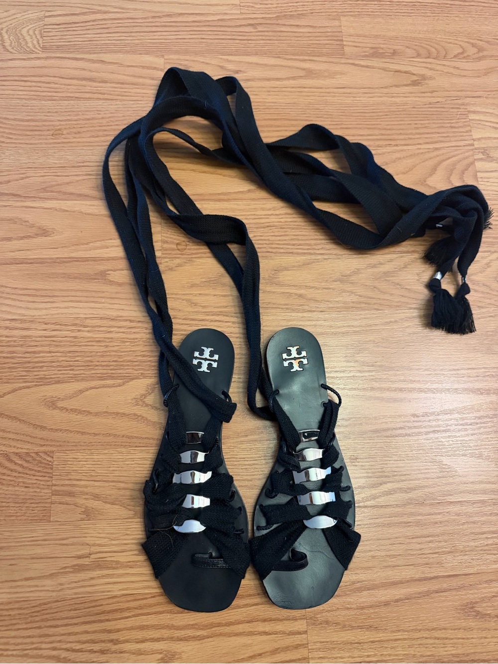 Tory Burch Black Lace-Up Ribbon Gladiator Sandals with Silver Accents